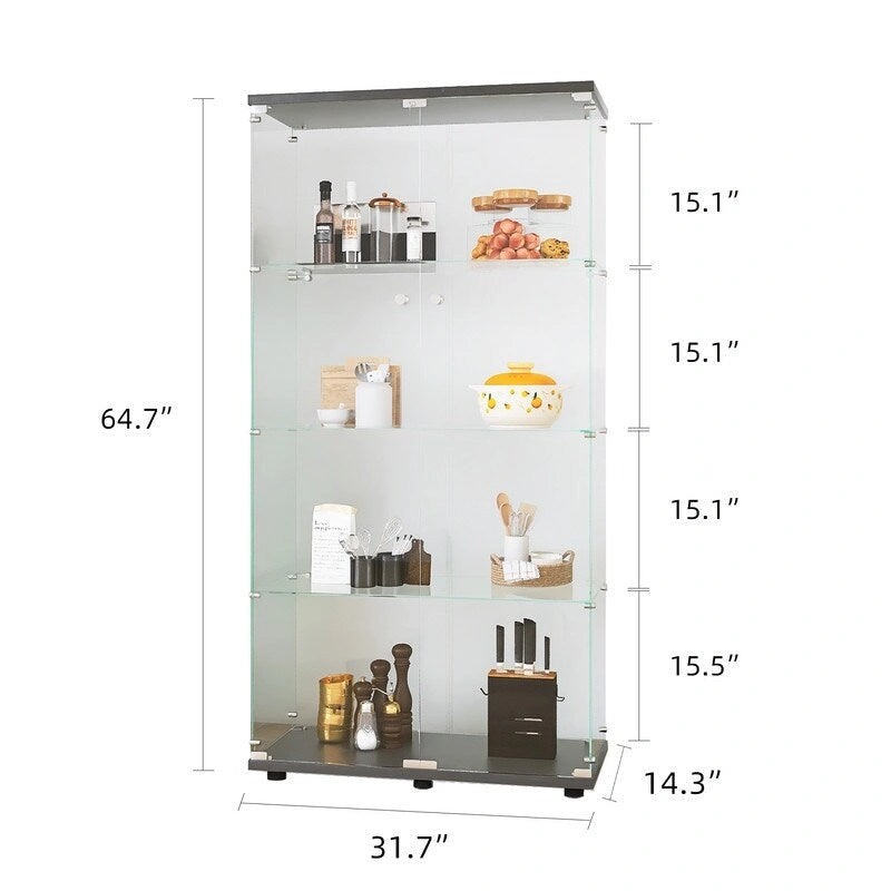 Floor Standing Two-door Glass Display Cabinet 4 Shelves with Door