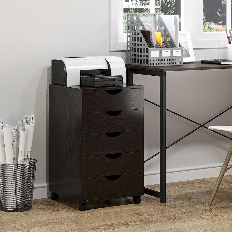 5 Drawer File Cabinet Storage Organizer Filing Cabinet with Nordic Minimalist Modern Style & Wheels, Brown