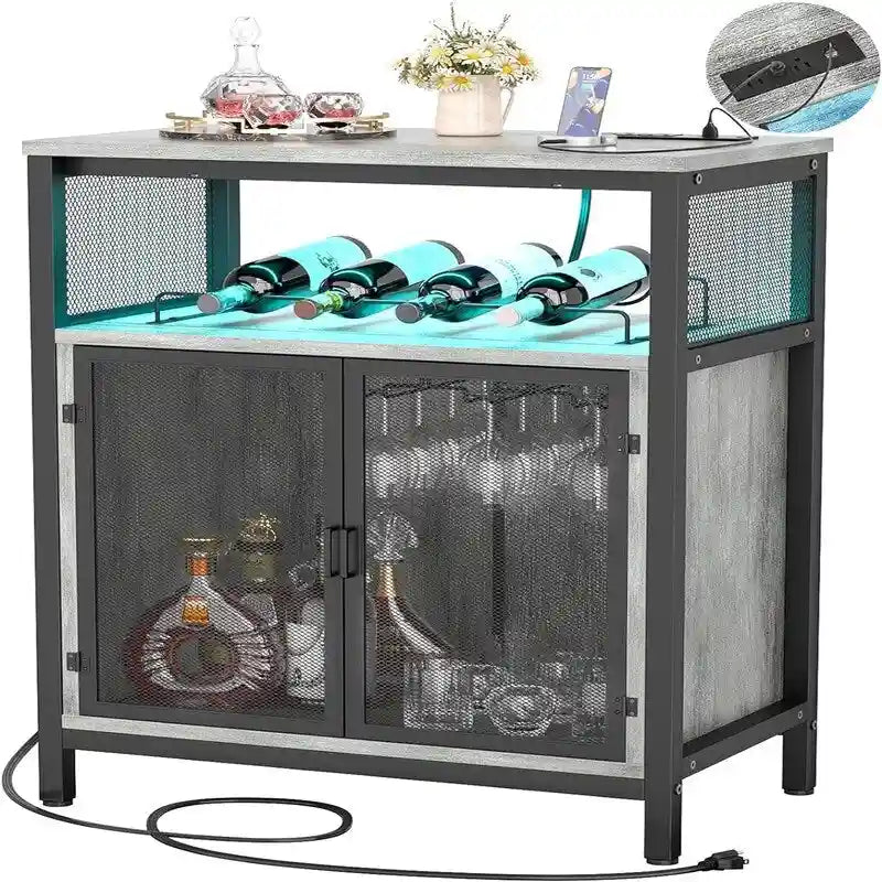 Wine Bar Cabinet with RGB Light and Outlet - 23.6D x 13.6W x 31H