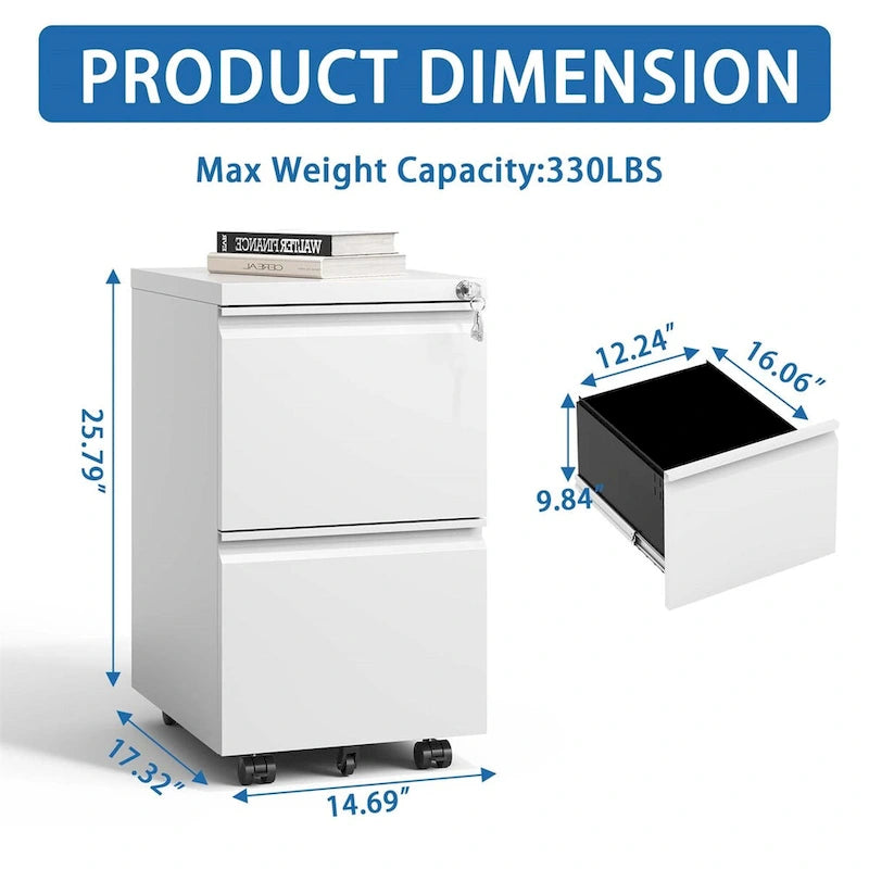 2 Drawer Metal Mobile File Cabinet, Rolling File Cabinet with Lock