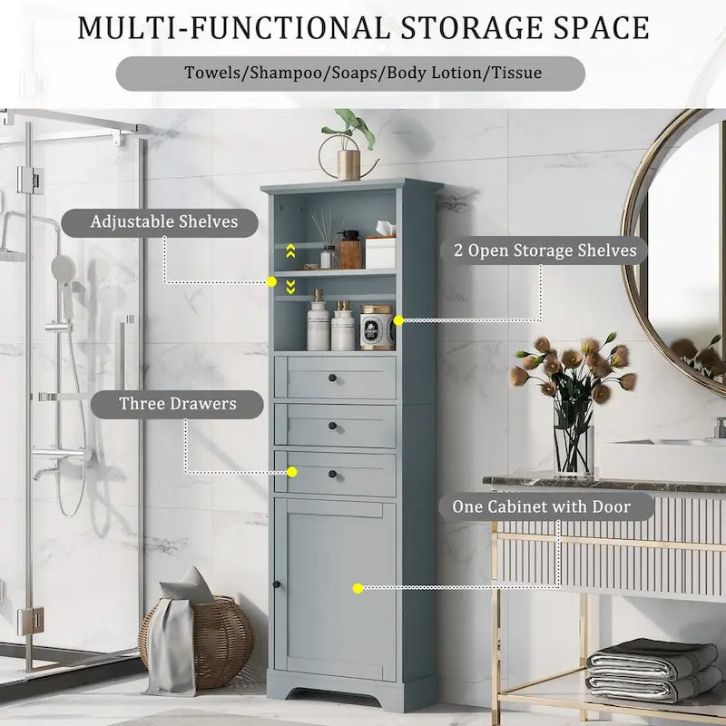 68Tall Storage Cabinet with 3 Drawers and Adjustable Shelves for Bathroom, Kitchen and Living Room