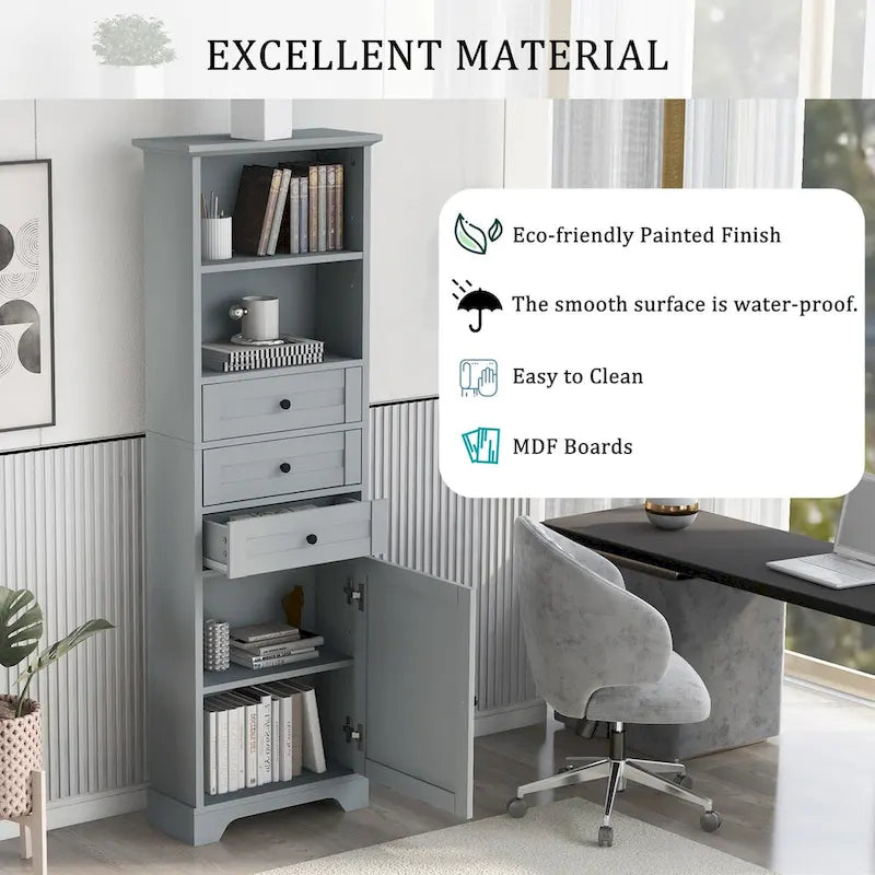 68Tall Storage Cabinet with 3 Drawers and Adjustable Shelves for Bathroom, Kitchen and Living Room