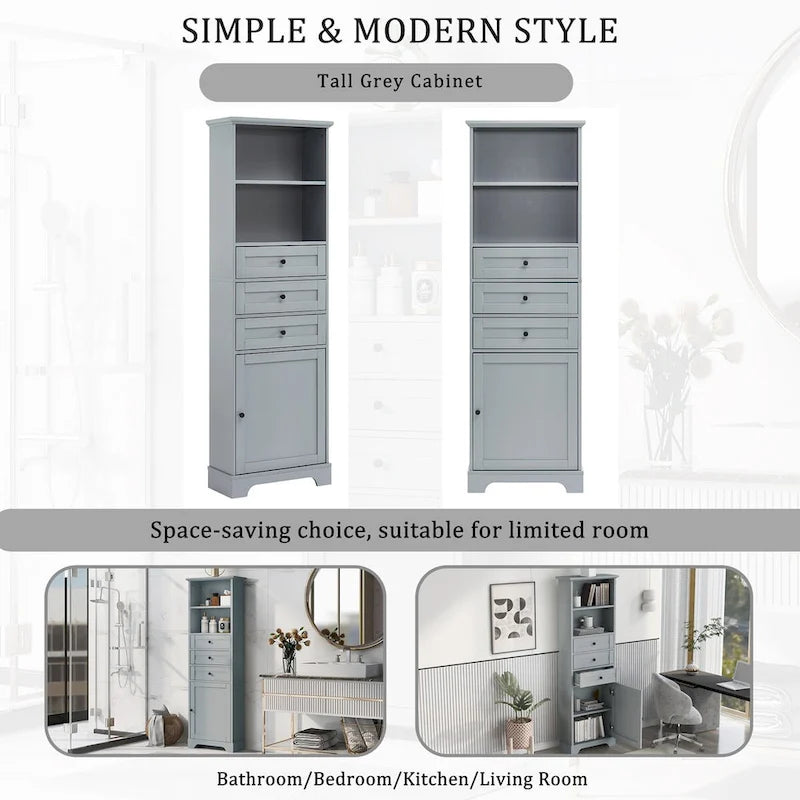 68Tall Storage Cabinet with 3 Drawers and Adjustable Shelves for Bathroom, Kitchen and Living Room