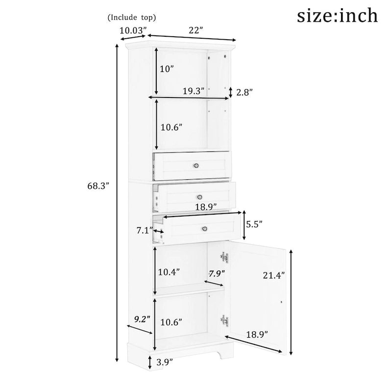 68Tall Storage Cabinet with 3 Drawers and Adjustable Shelves for Bathroom, Kitchen and Living Room