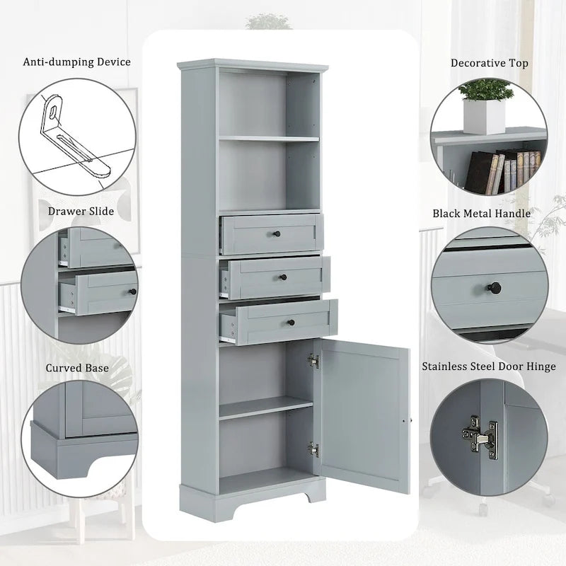 68Tall Storage Cabinet with 3 Drawers and Adjustable Shelves for Bathroom, Kitchen and Living Room