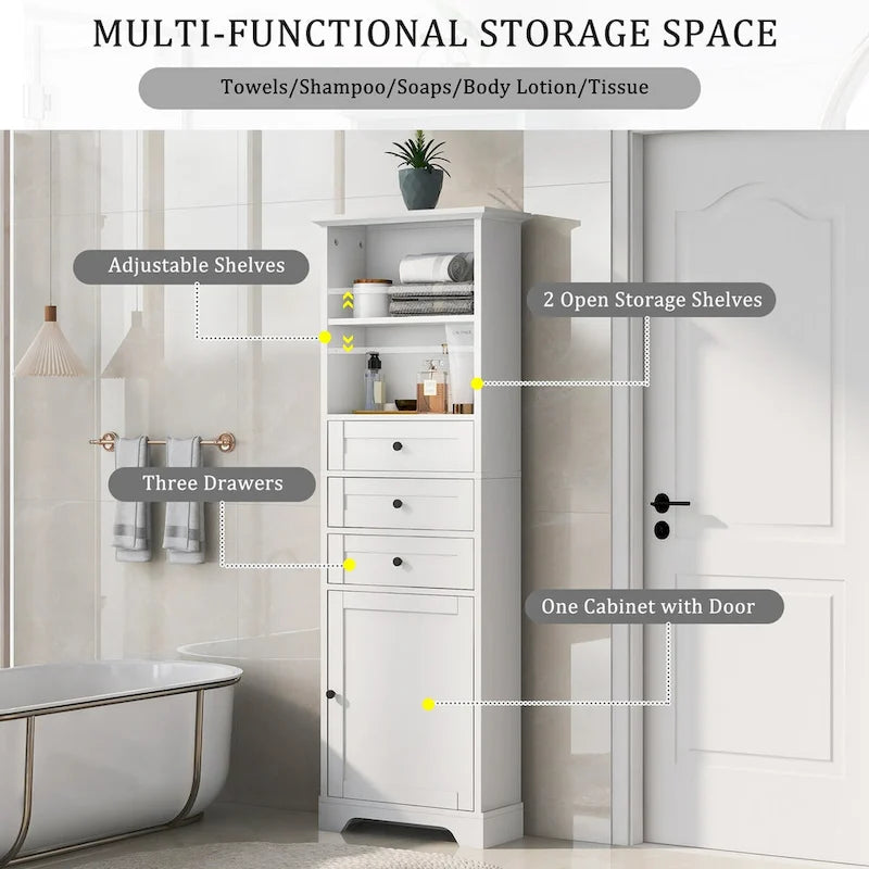 68Tall Storage Cabinet with 3 Drawers and Adjustable Shelves for Bathroom, Kitchen and Living Room