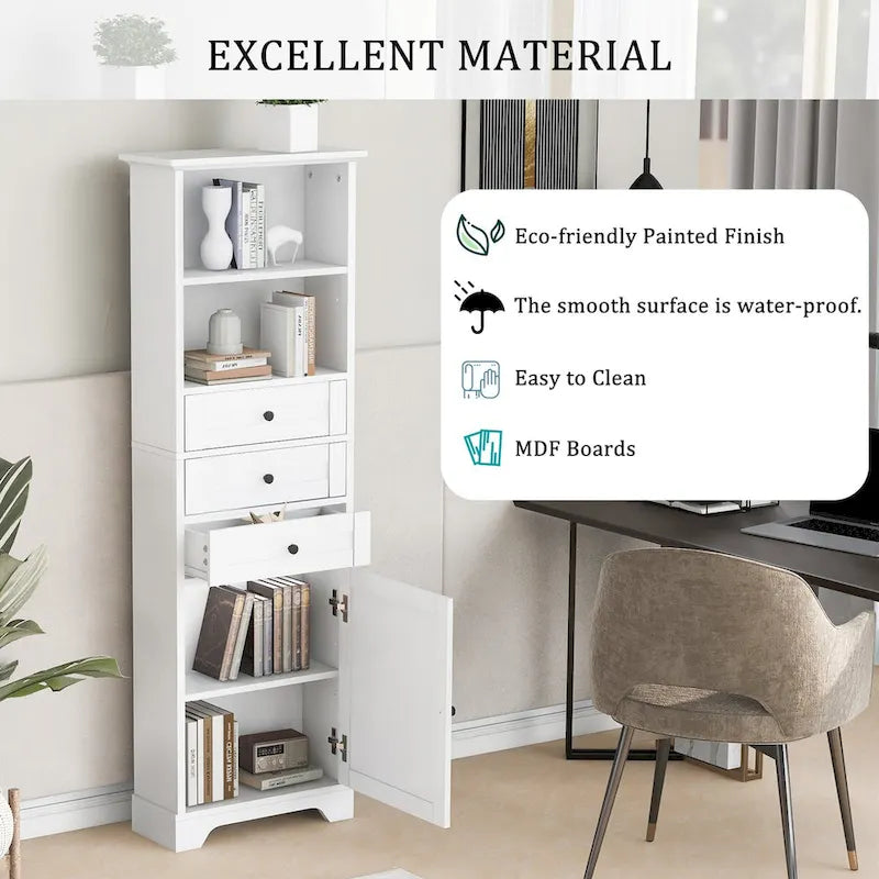 68Tall Storage Cabinet with 3 Drawers and Adjustable Shelves for Bathroom, Kitchen and Living Room