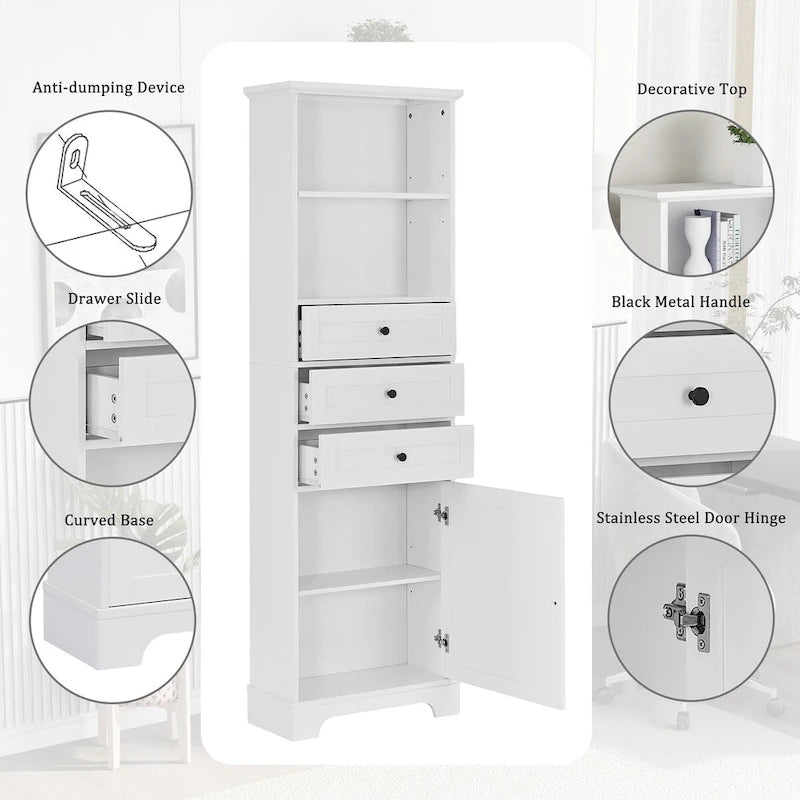68Tall Storage Cabinet with 3 Drawers and Adjustable Shelves for Bathroom, Kitchen and Living Room