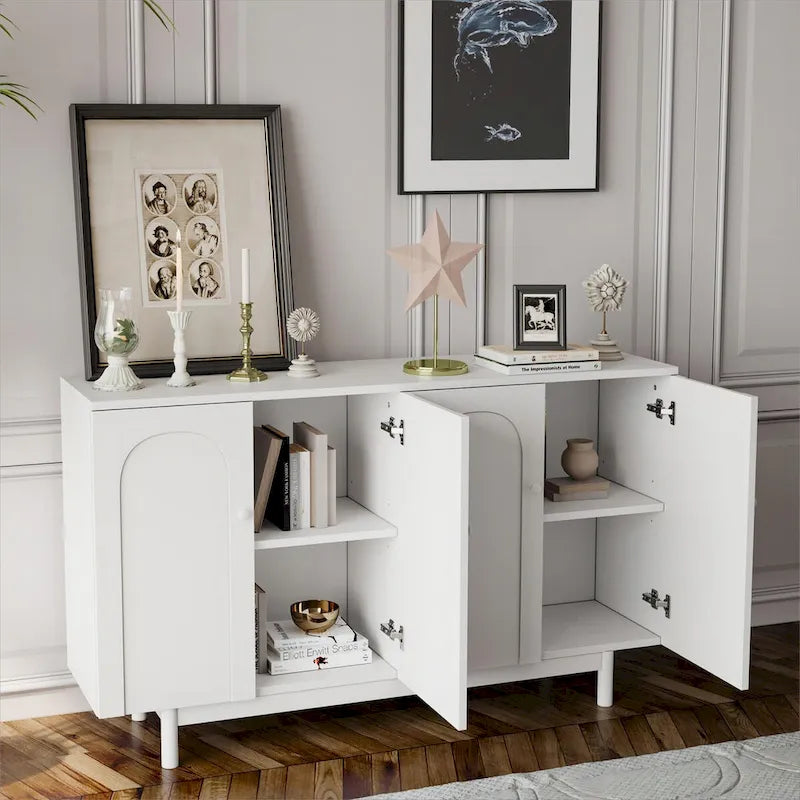 4-Door Intaglio Storage Cabinet with Pine Legs, Solid Wood Pulls, and MDF, Stylish and Functional for Living Room