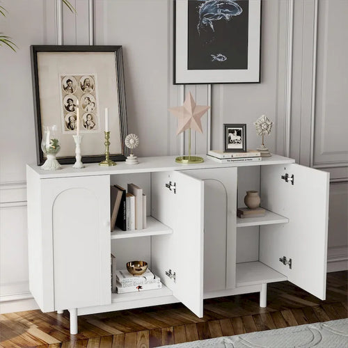 Meuble de rangement 4 portes Intaglio avec pieds en pin, poignées en bois massif et MDF, élégant et fonctionnel pour le salon