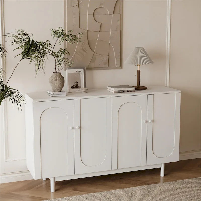4-Door Intaglio Storage Cabinet with Pine Legs, Solid Wood Pulls, and MDF, Stylish and Functional for Living Room